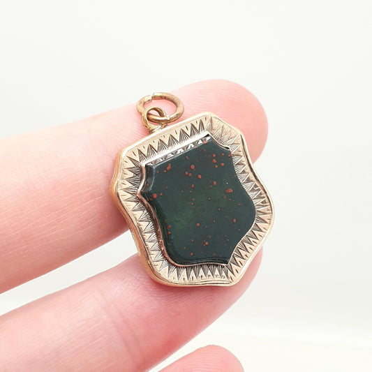 Antique Victorian Bloodstone Shield Pendant Necklace Agate Gemstone Rolled Gold Filled Front Vintage