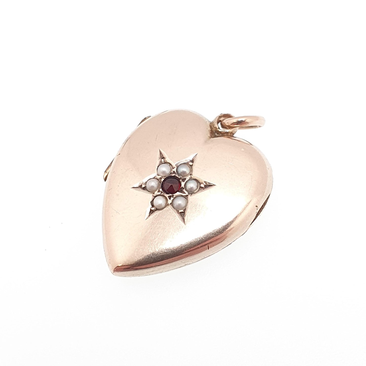 Antique 9ct 9k Gold Heart Locket Garnet & Seed Pearl Star Set Victorian Pendant Back Front Photo Vintage Jewelry Jewellery