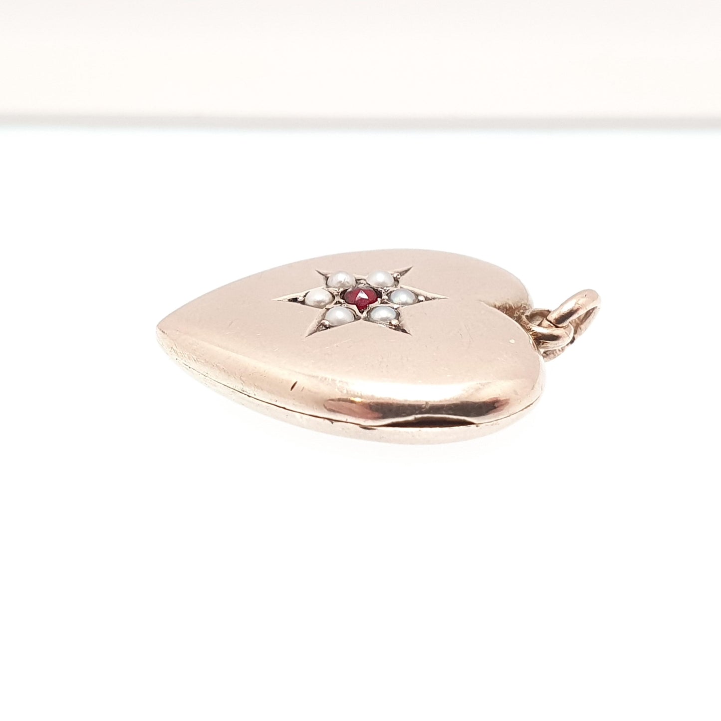 Antique 9ct 9k Gold Heart Locket Garnet & Seed Pearl Star Set Victorian Pendant Back Front Photo Vintage Jewelry Jewellery