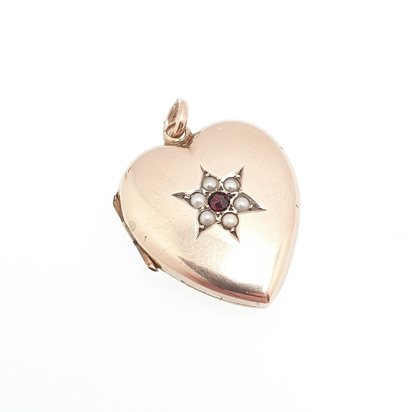 Antique 9ct 9k Gold Heart Locket Garnet & Seed Pearl Star Set Victorian Pendant Back Front Photo Vintage Jewelry Jewellery