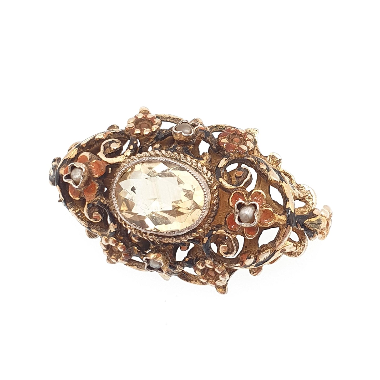 Antique Austro Hungarian Solid Silver Citrine Brooch Victorian Seed Pearl Enamel Genuine Gold Vermeil Gemstone Vintage