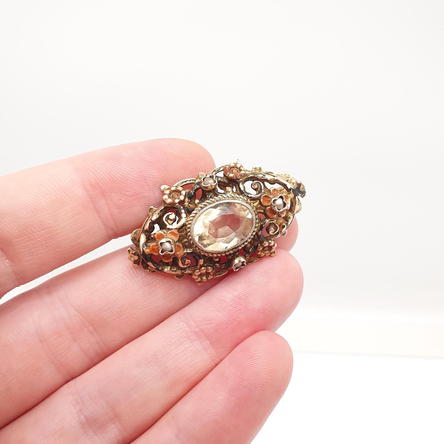 Antique Austro Hungarian Solid Silver Citrine Brooch Victorian Seed Pearl Enamel Genuine Gold Vermeil Gemstone Vintage