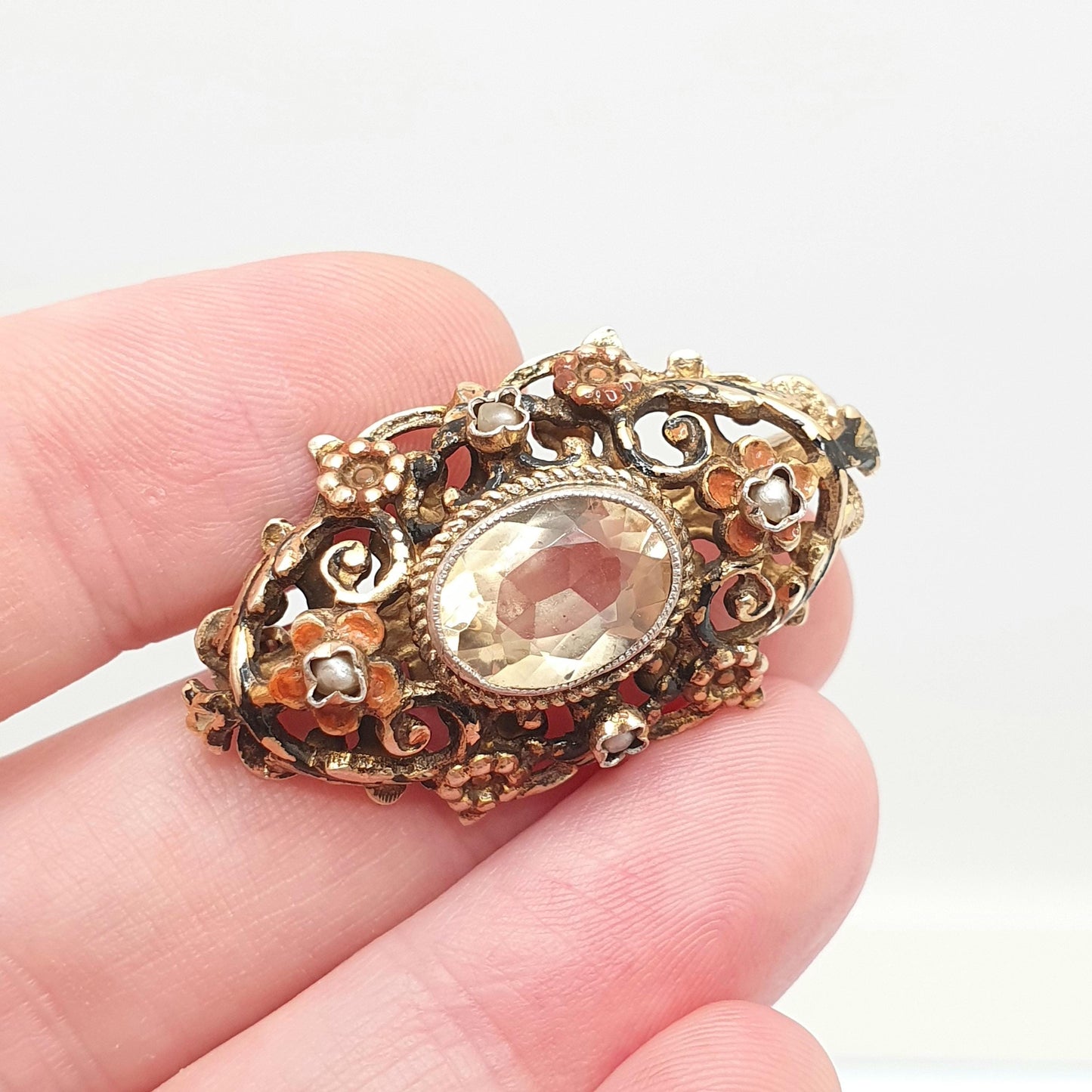 Antique Austro Hungarian Solid Silver Citrine Brooch Victorian Seed Pearl Enamel Genuine Gold Vermeil Gemstone Vintage