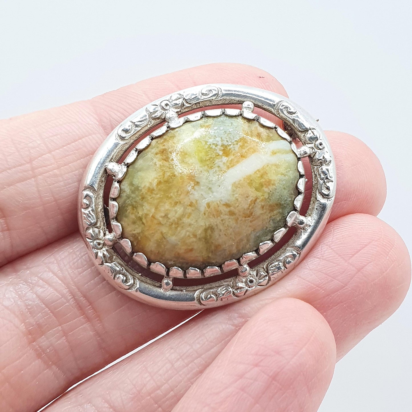 Antique Victorian Solid Silver Connemara Marble Brooch Oval Cabochon Irish Ireland Celtic Gaelic Jewelry Jewellery Vintage