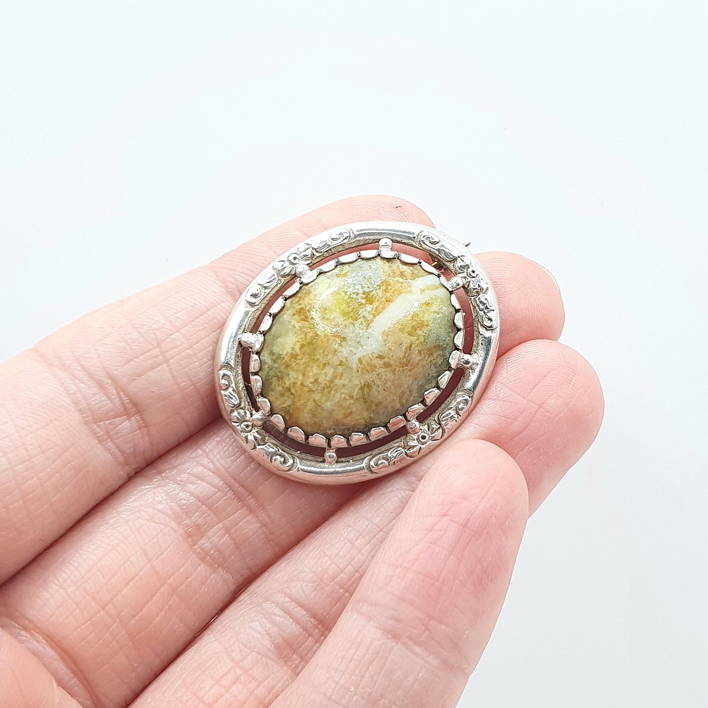 Antique Victorian Solid Silver Connemara Marble Brooch Oval Cabochon Irish Ireland Celtic Gaelic Jewelry Jewellery Vintage