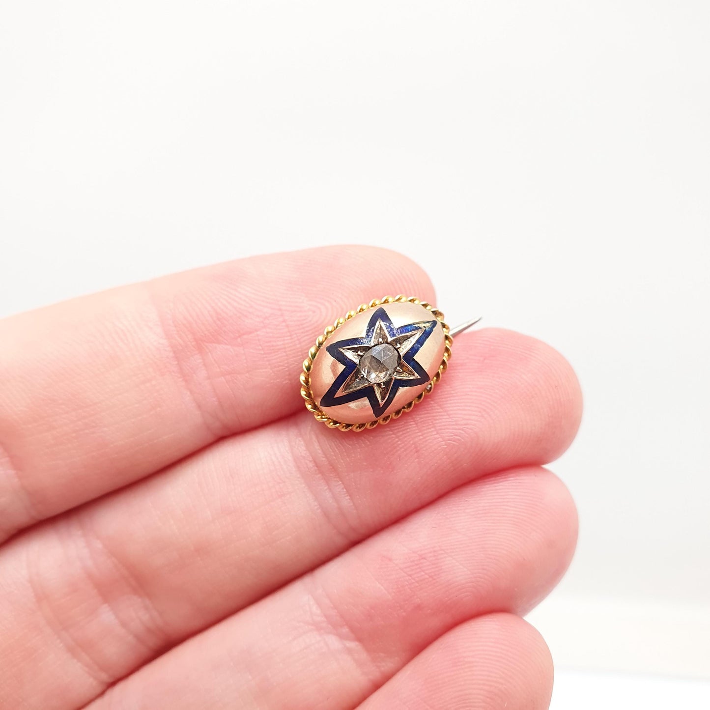 Antique 14k Gold Diamond Star Brooch Blue Enamel Rose Cut Solid 14kt 585 Victorian Pin Celestial Vintage Jewellery Jewelry