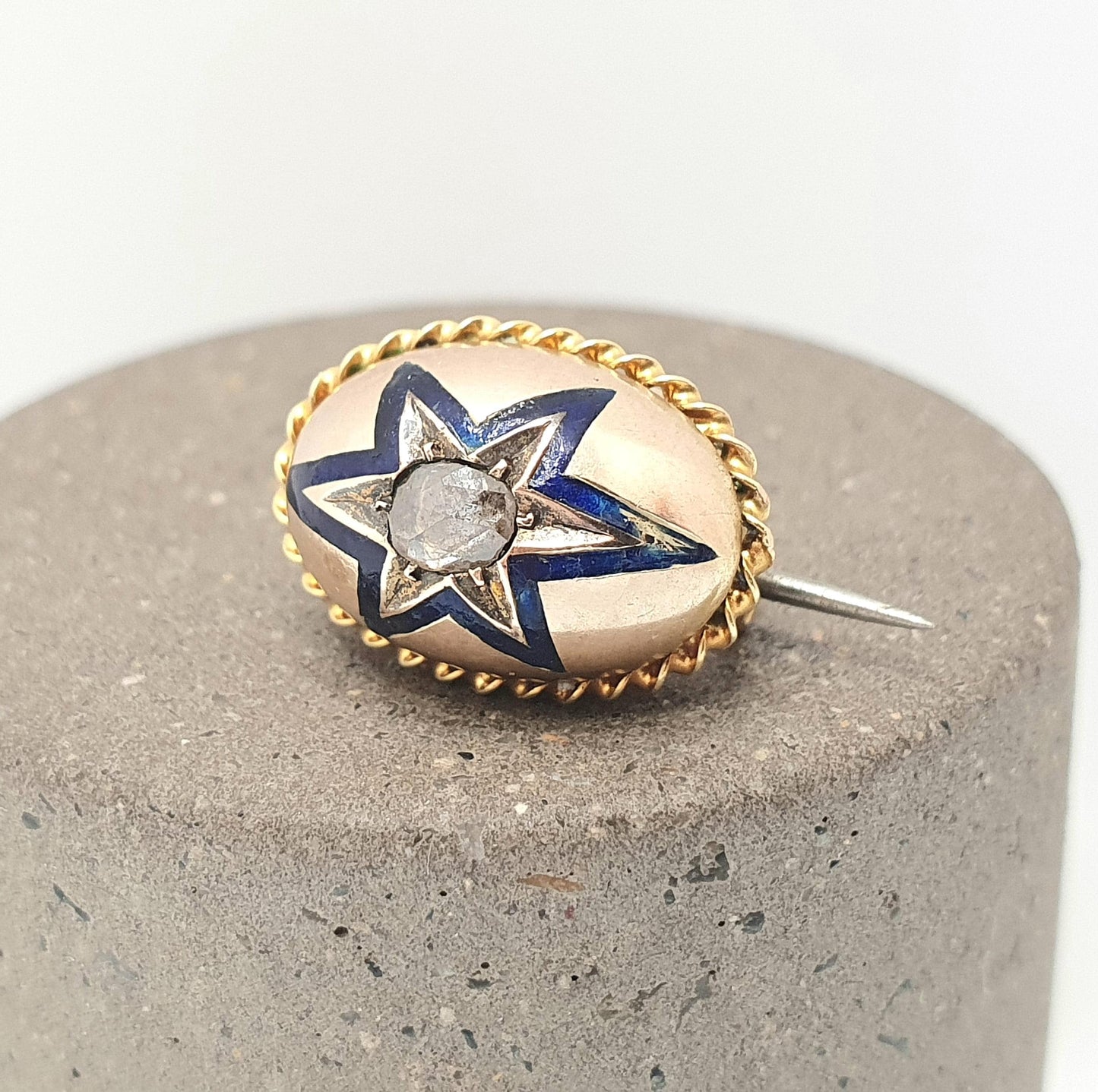 Antique 14k Gold Diamond Star Brooch Blue Enamel Rose Cut Solid 14kt 585 Victorian Pin Celestial Vintage Jewellery Jewelry