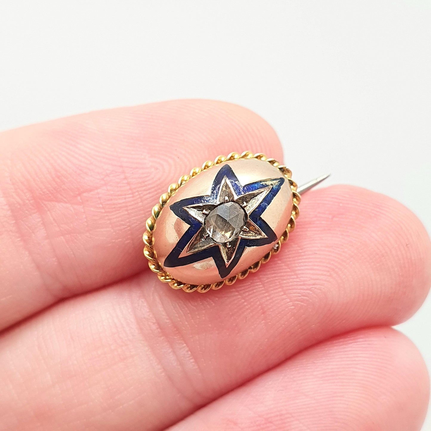 Antique 14k Gold Diamond Star Brooch Blue Enamel Rose Cut Solid 14kt 585 Victorian Pin Celestial Vintage Jewellery Jewelry