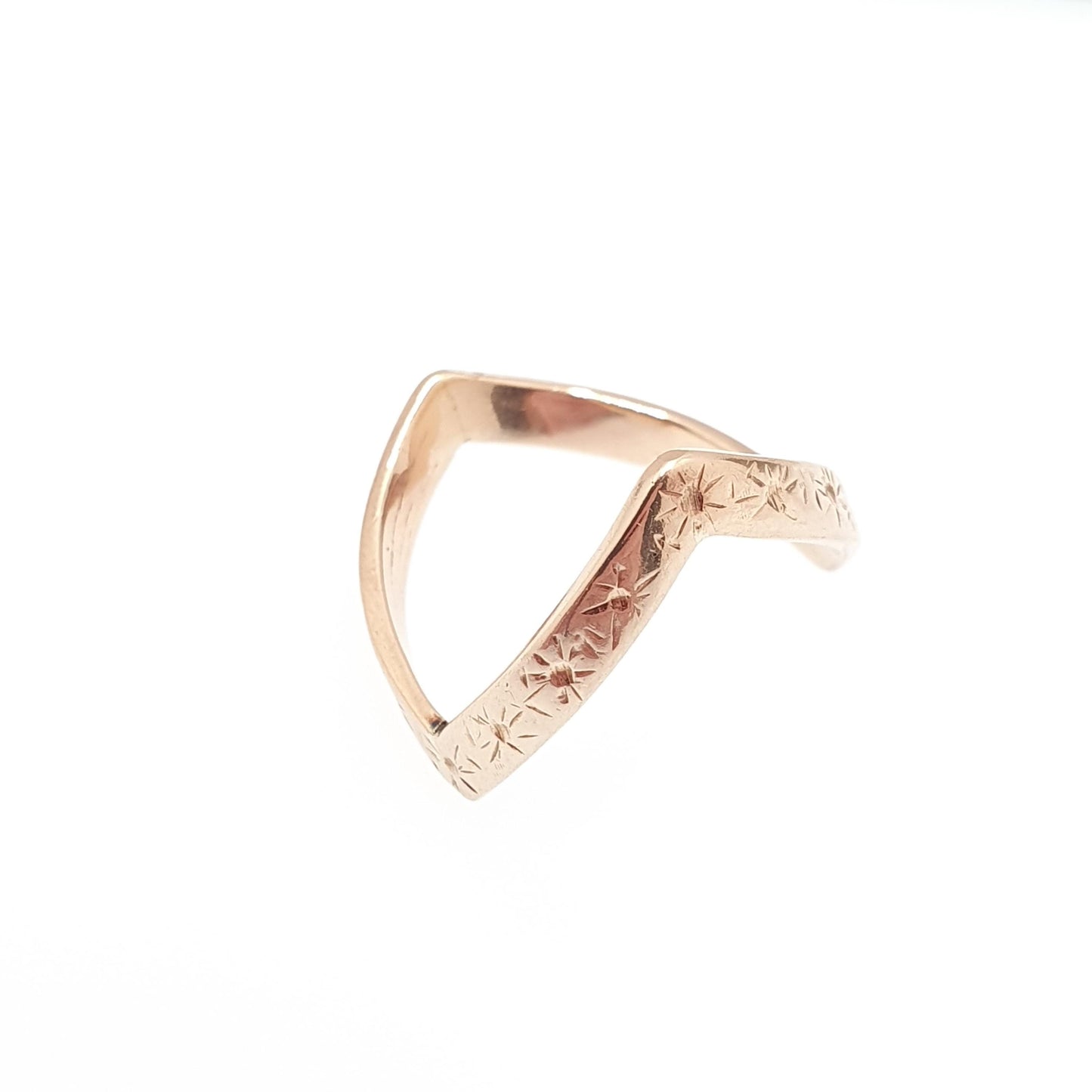 Vintage 9ct 9k Gold Wishbone Ring Star Engraved Solid 375 Yellow Double Point V Shape Womens Jewelry Jewellery