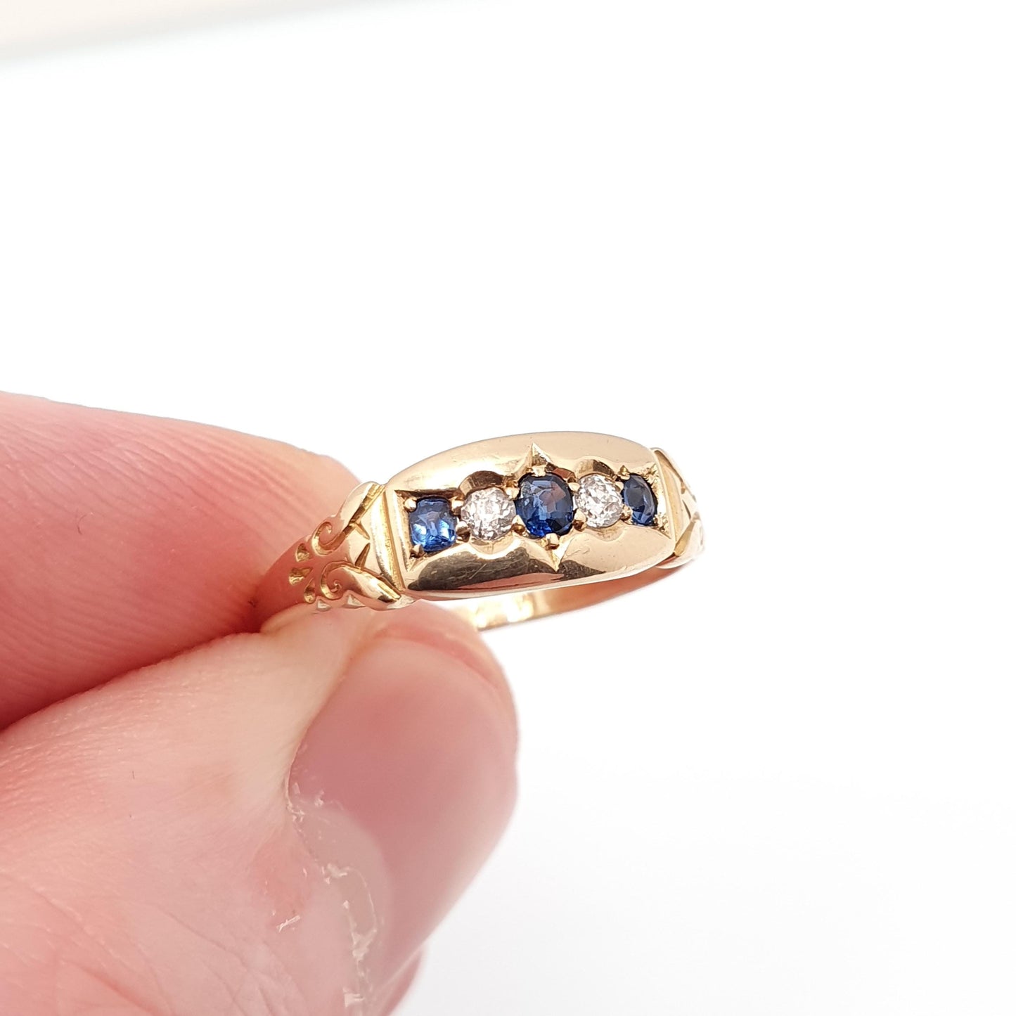 Antique 18ct Gold Sapphire & Diamond Ring Victorian Solid 18k 750 1894 Hallmark Five Gemstone Vintage Jewelry Jewellery