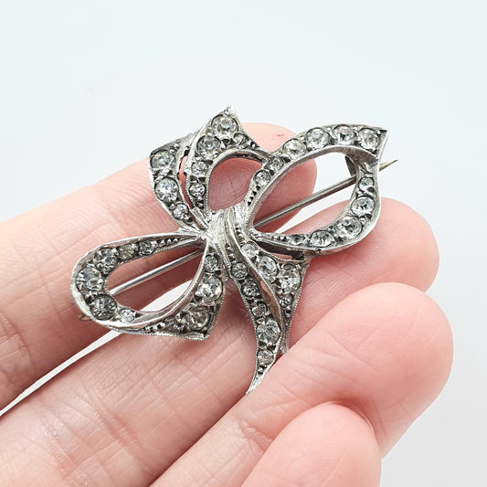 Antique Art Deco Solid Silver Diamond Paste Bow Brooch Cute Gift Special Rare Womens Jewelry Jewellery Vintage