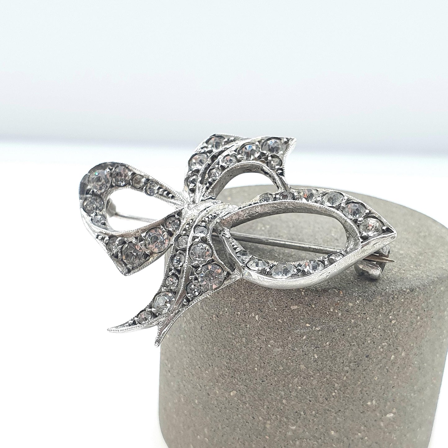 Antique Art Deco Solid Silver Diamond Paste Bow Brooch Cute Gift Special Rare Womens Jewelry Jewellery Vintage