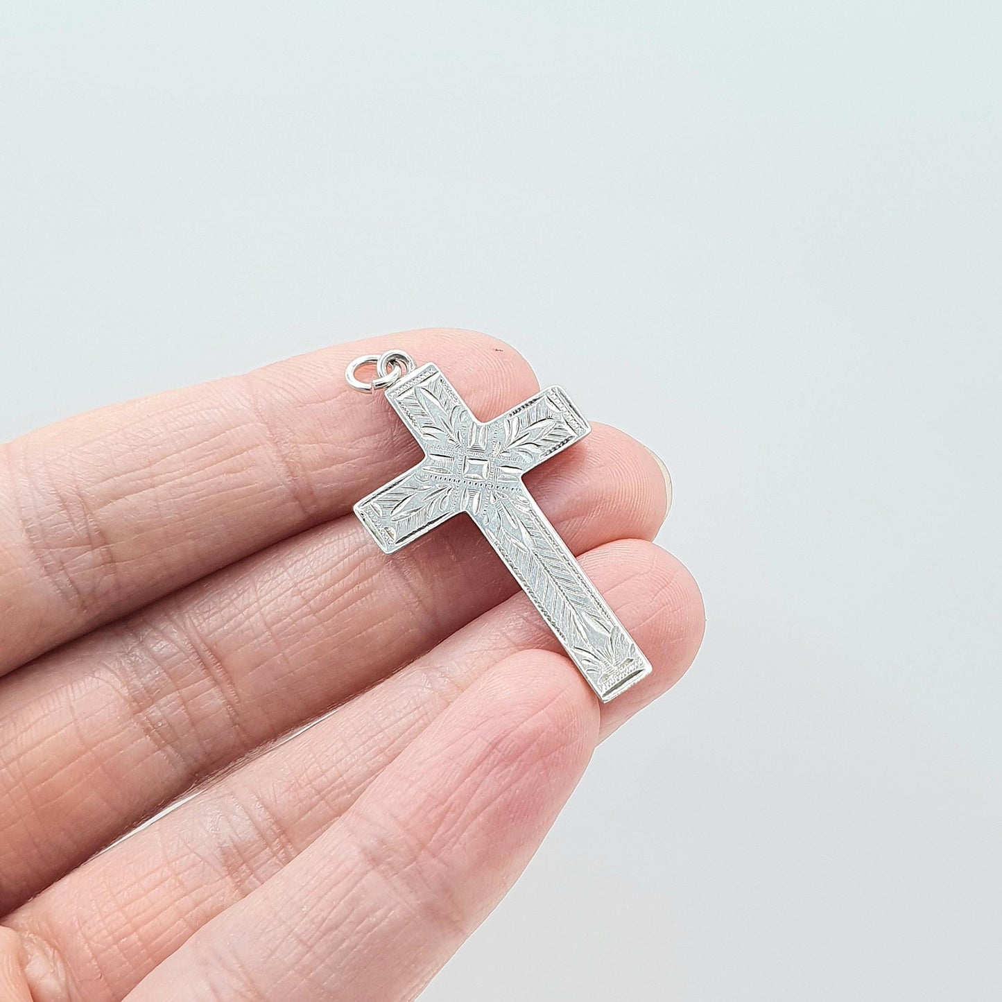 Antique Sterling Silver Crucifix Cross Pendant Engraved Face Catholic Christian Religious  Jewellery Jewelry Vintage Womens Mens