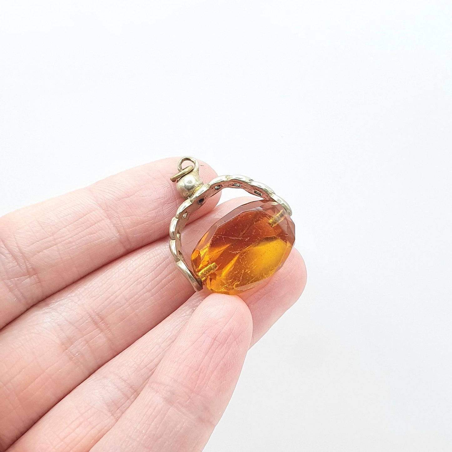 Antique Victorian Citrine Paste Spinner Fob Pendant Curb Link Frame Orange Glass Base Metal Necklace Vintage Men’s Jewellery Jewelry