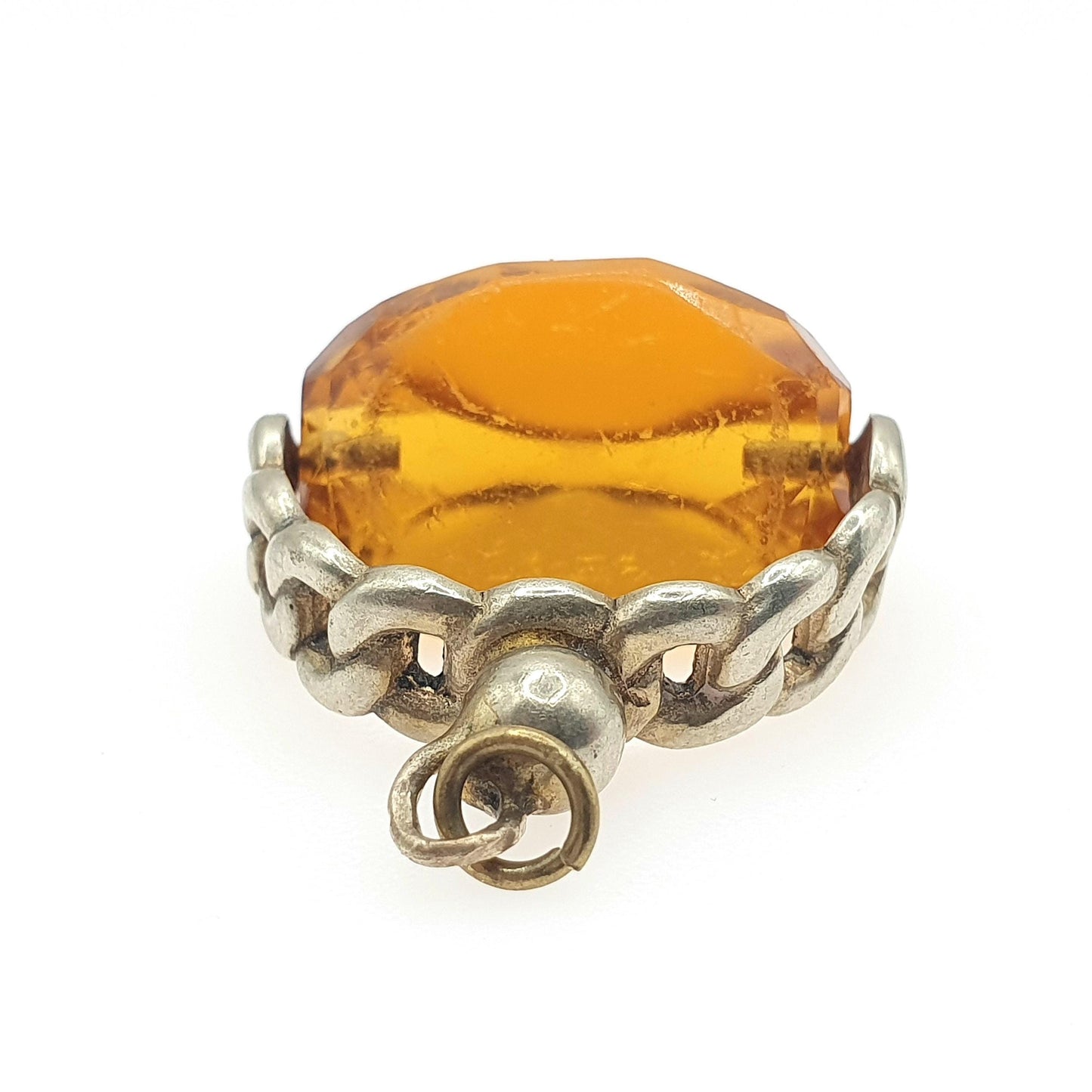 Antique Victorian Citrine Paste Spinner Fob Pendant Curb Link Frame Orange Glass Base Metal Necklace Vintage Men’s Jewellery Jewelry