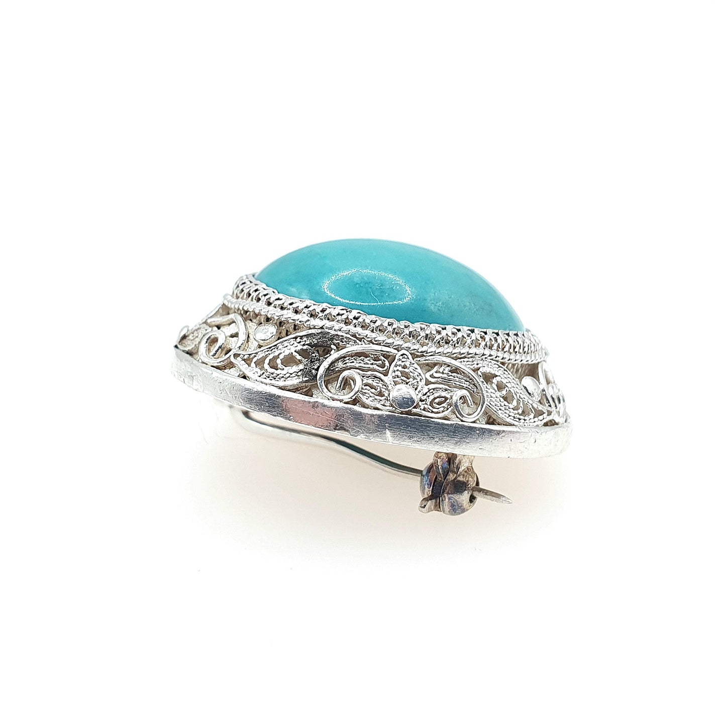 Vintage Solid Silver Turquoise Brooch Chinese Export Origin Filigree Cyan Handmade China Womens Jewelry Jewellery Vintage