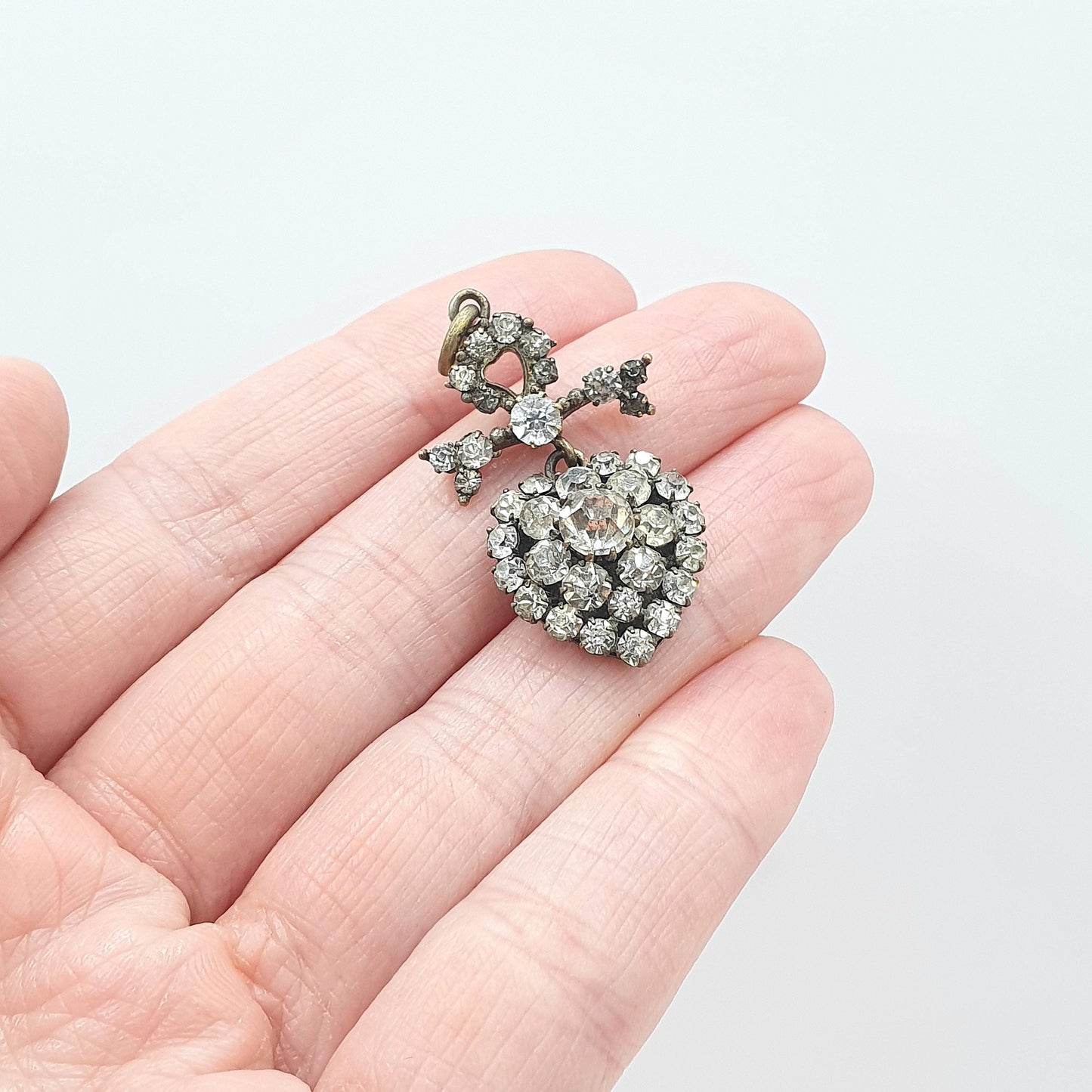 Antique Victorian Diamond Paste Heart and Bow Pendant Necklace Puffer Sparkly Vintage Womens Jewellery Jewelry