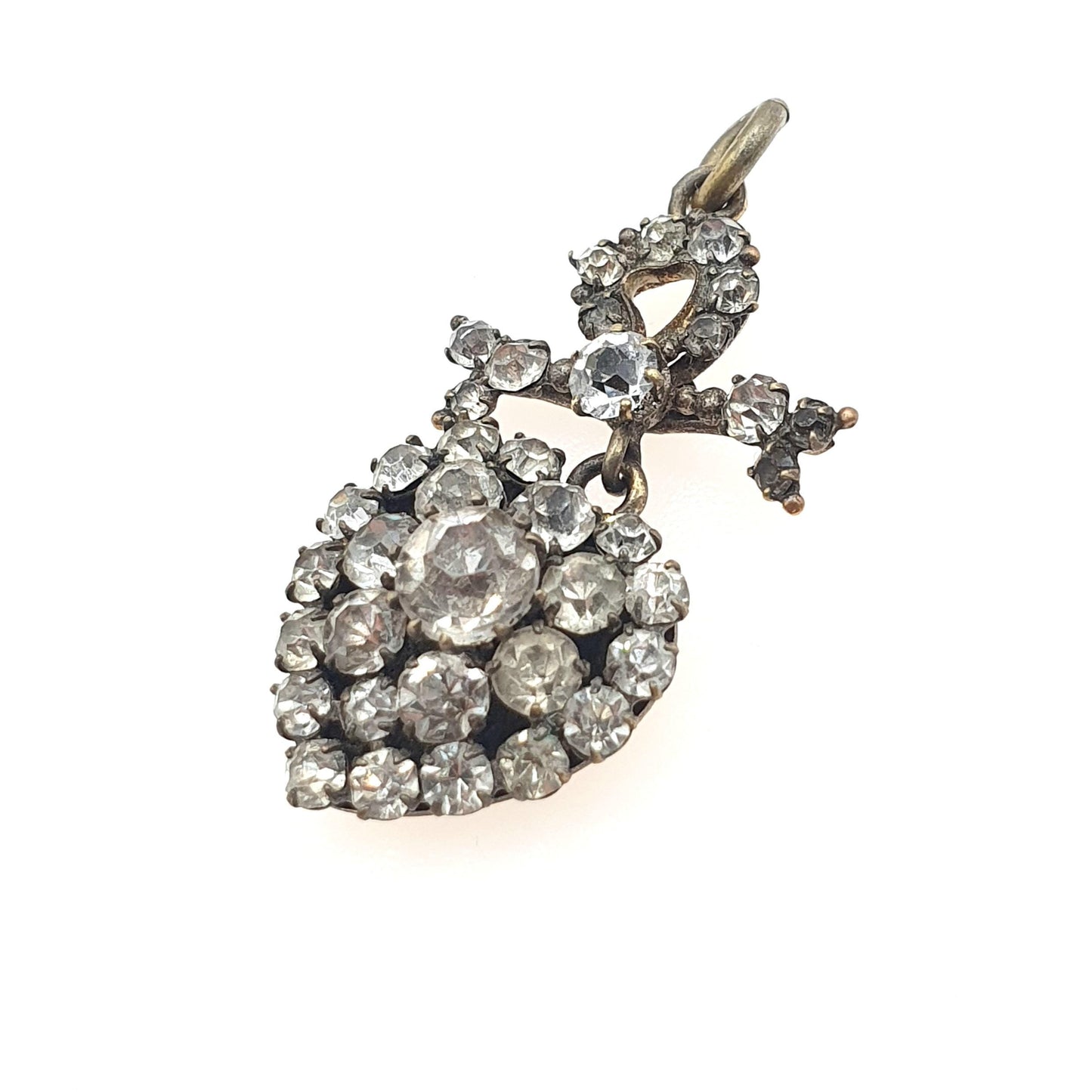 Antique Victorian Diamond Paste Heart and Bow Pendant Necklace Puffer Sparkly Vintage Womens Jewellery Jewelry