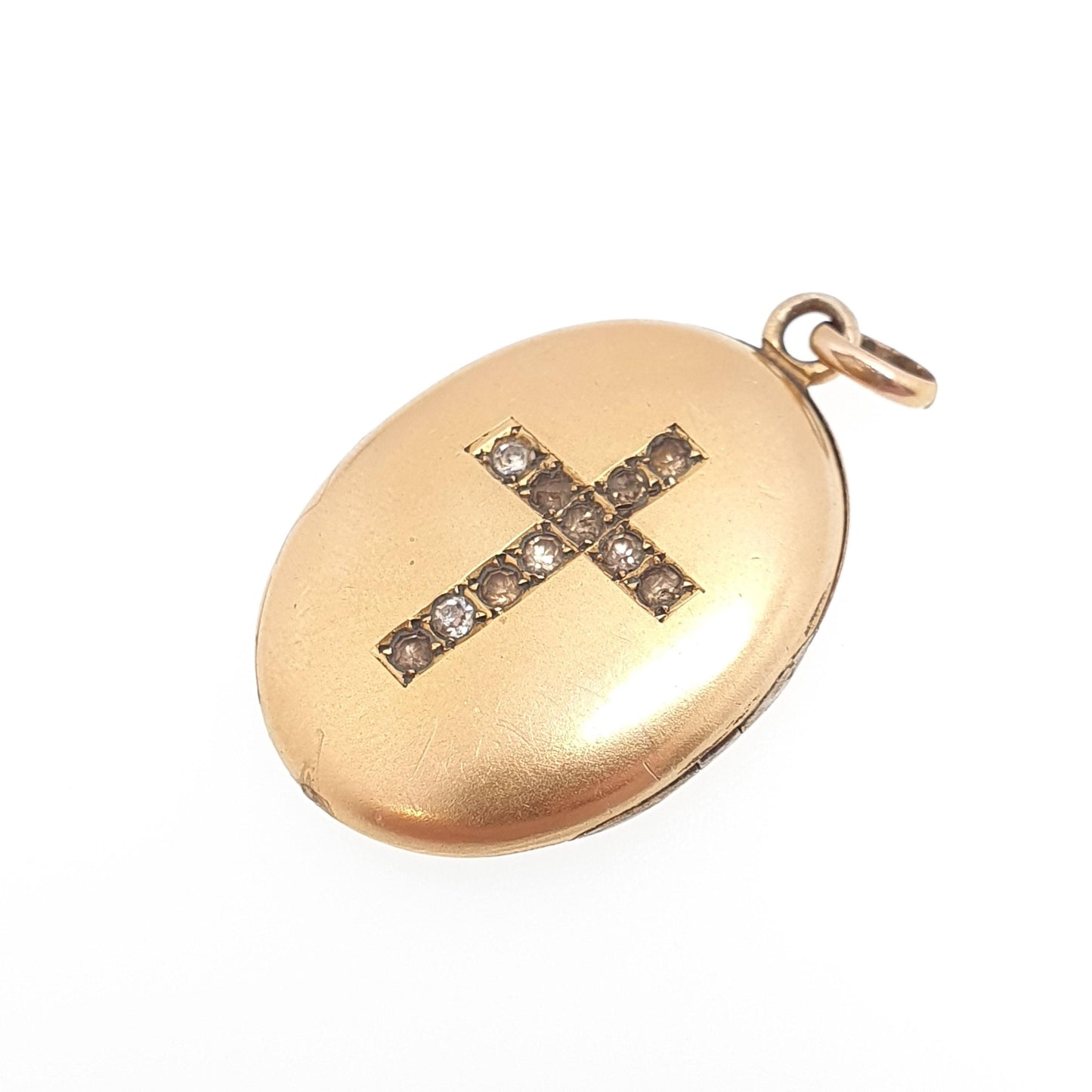 Antique 9ct Gold Cased Crucifix Paste Locket Necklace Pendant 9k Victorian Thick Rolled Gold Filled Cross Pastes Vintage Jewellery Jewelry