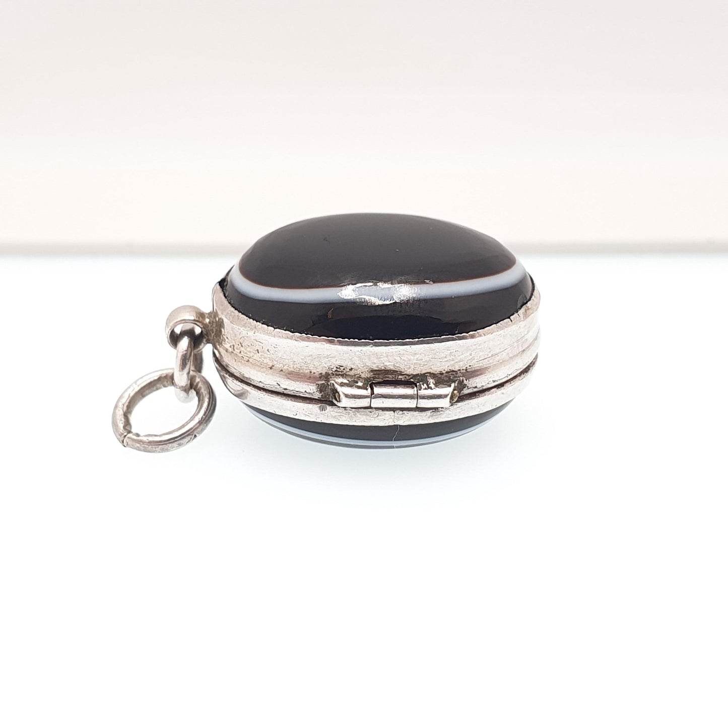 Antique Victorian Solid Silver Bullseye Agate Locket Genuine Gemstone Pendant Necklace Oval Black Eye Cabochon Vintage Womens Mens Jewelry