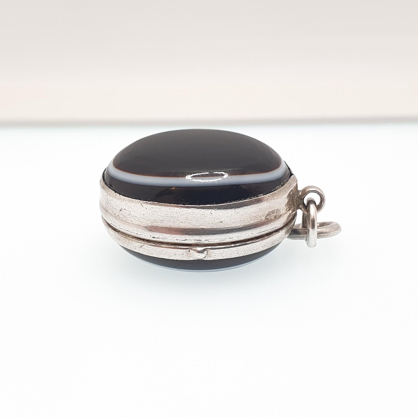Antique Victorian Solid Silver Bullseye Agate Locket Genuine Gemstone Pendant Necklace Oval Black Eye Cabochon Vintage Womens Mens Jewelry