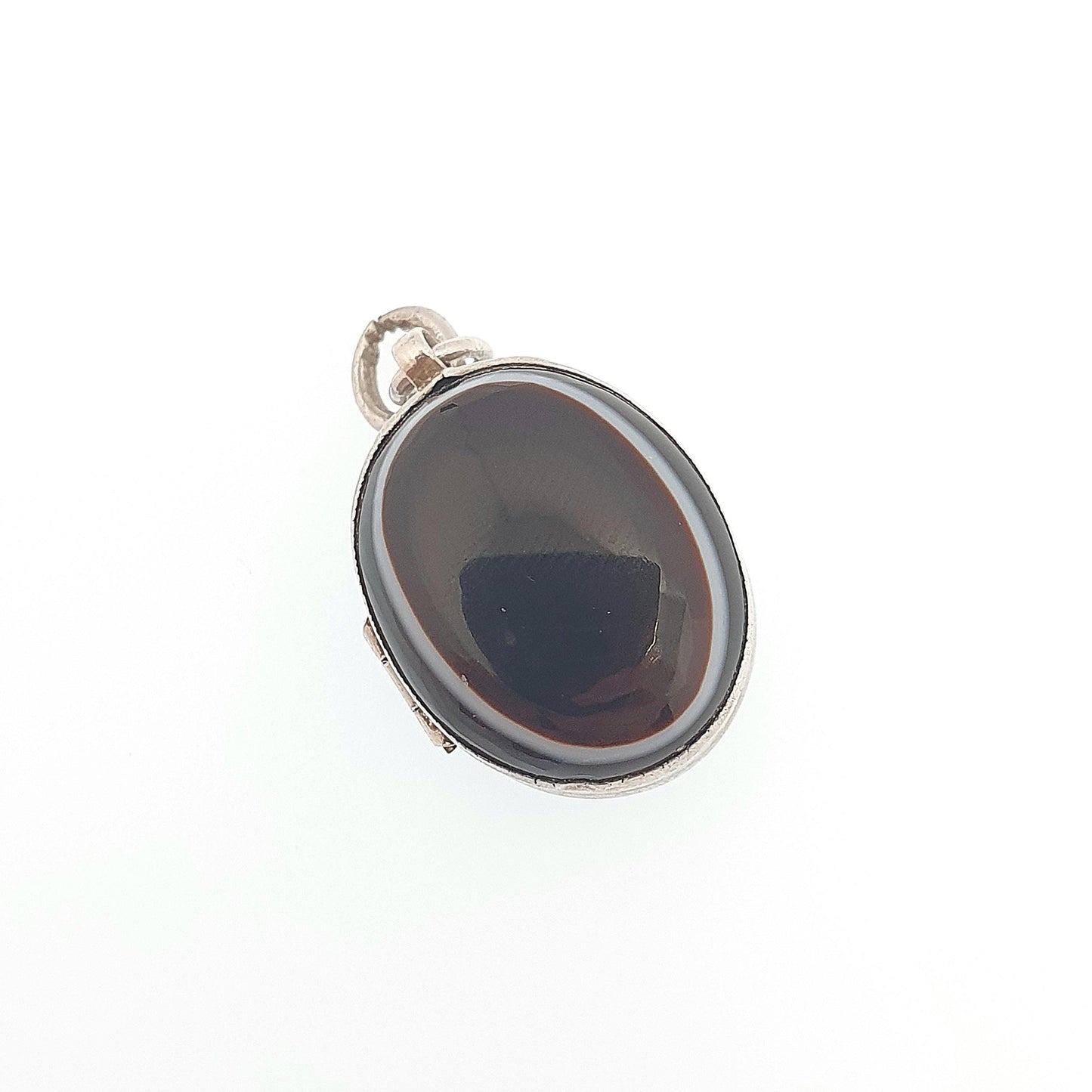 Antique Victorian Solid Silver Bullseye Agate Locket Genuine Gemstone Pendant Necklace Oval Black Eye Cabochon Vintage Womens Mens Jewelry