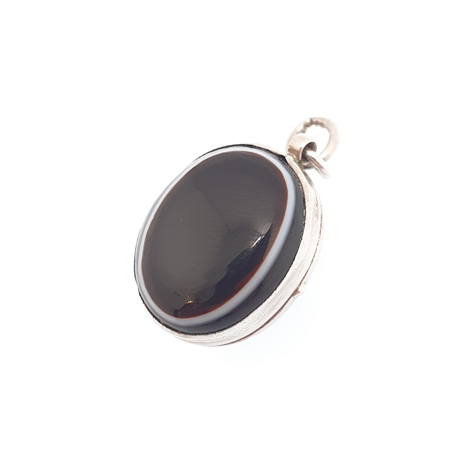 Antique Victorian Solid Silver Bullseye Agate Locket Genuine Gemstone Pendant Necklace Oval Black Eye Cabochon Vintage Womens Mens Jewelry