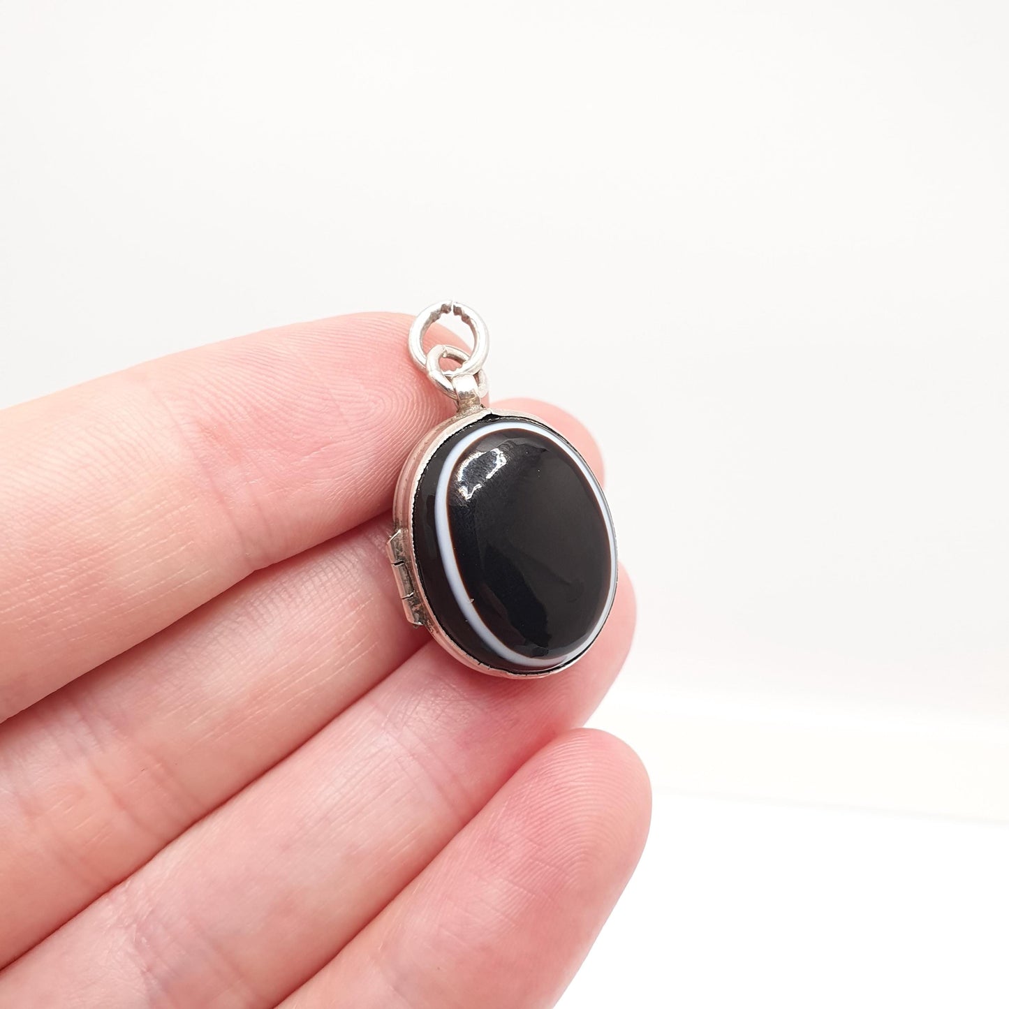 Antique Victorian Solid Silver Bullseye Agate Locket Genuine Gemstone Pendant Necklace Oval Black Eye Cabochon Vintage Womens Mens Jewelry