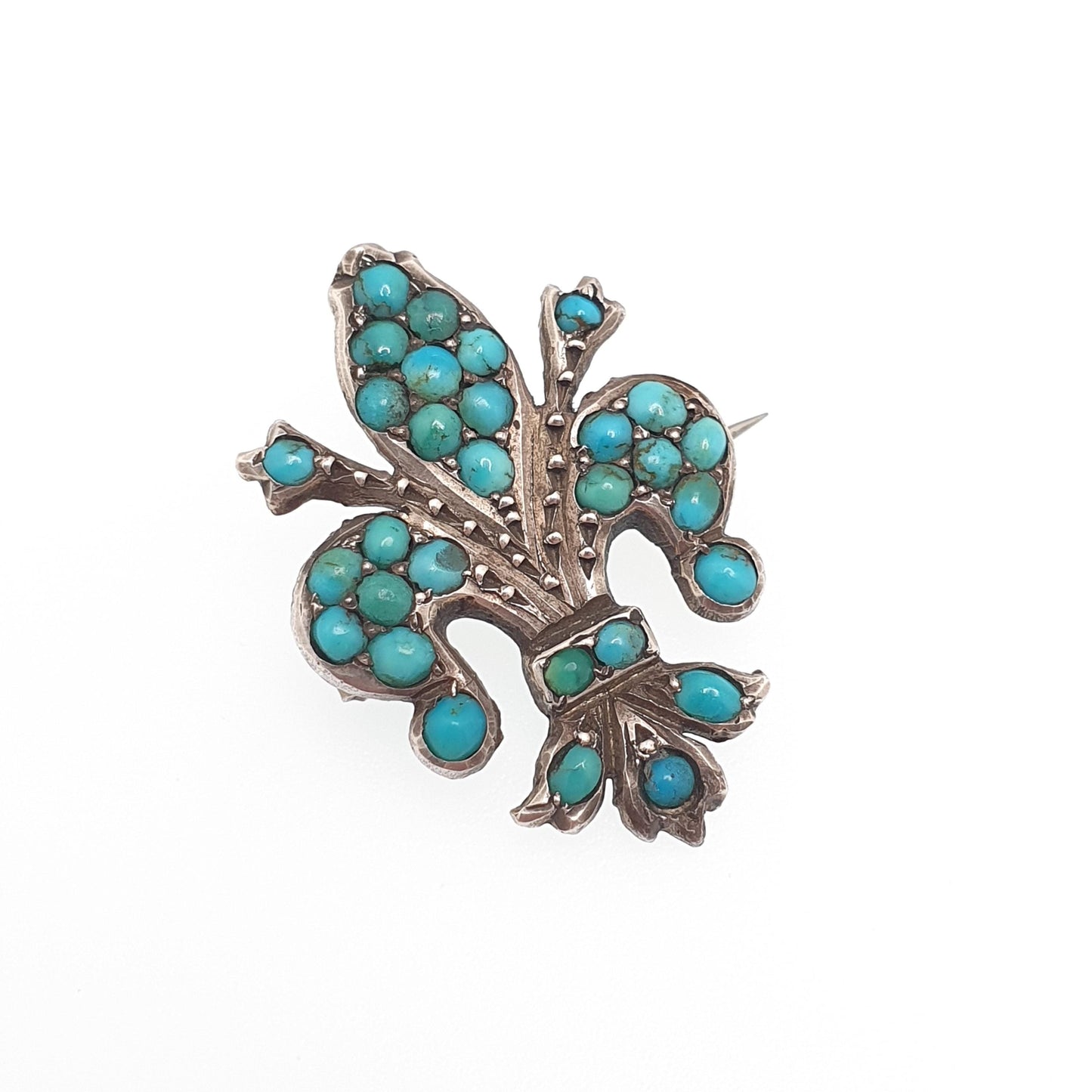 Antique Victorian Solid Silver Turquoise Brooch Fleur de Lis Lys French Lily Flower Natural Gemstone Womens Jewelry Jewellery Vintage