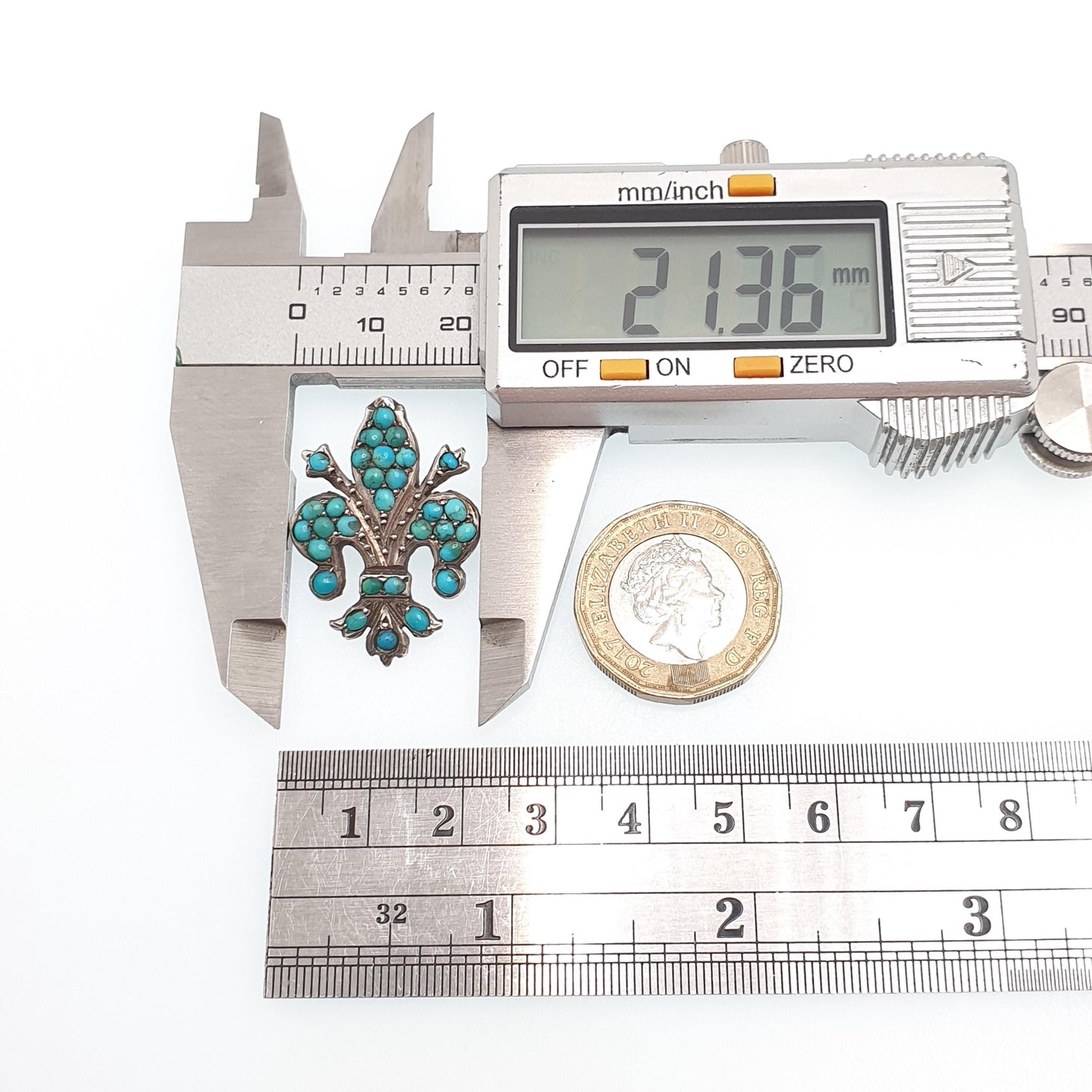 Antique Victorian Solid Silver Turquoise Brooch Fleur de Lis Lys French Lily Flower Natural Gemstone Womens Jewelry Jewellery Vintage