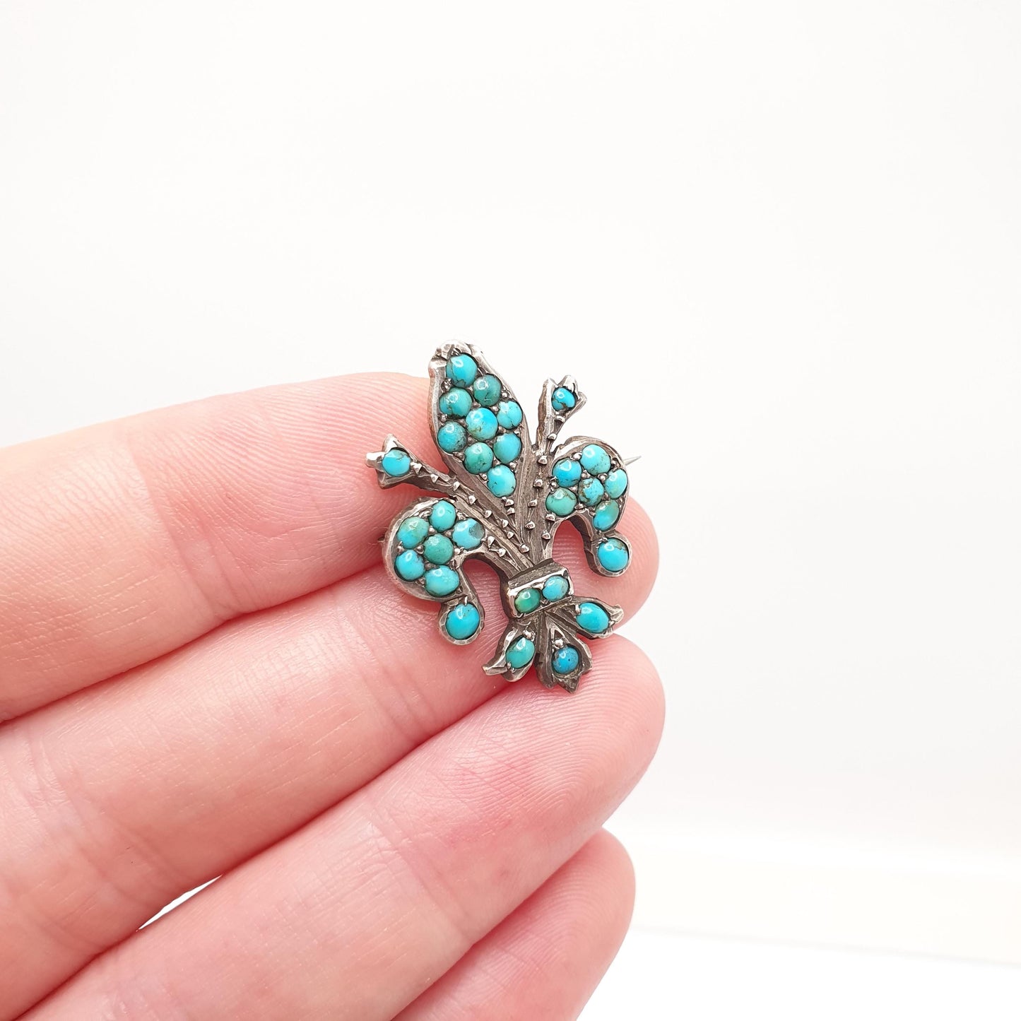 Antique Victorian Solid Silver Turquoise Brooch Fleur de Lis Lys French Lily Flower Natural Gemstone Womens Jewelry Jewellery Vintage