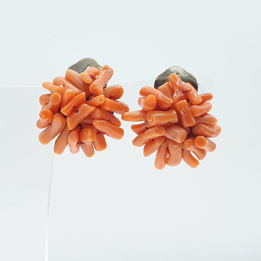 Antique Branch Coral Earrings Cluster Art Deco Clip On Genuine Salmon Orange Base Metal Vintage Jewelry Retro Jewellery