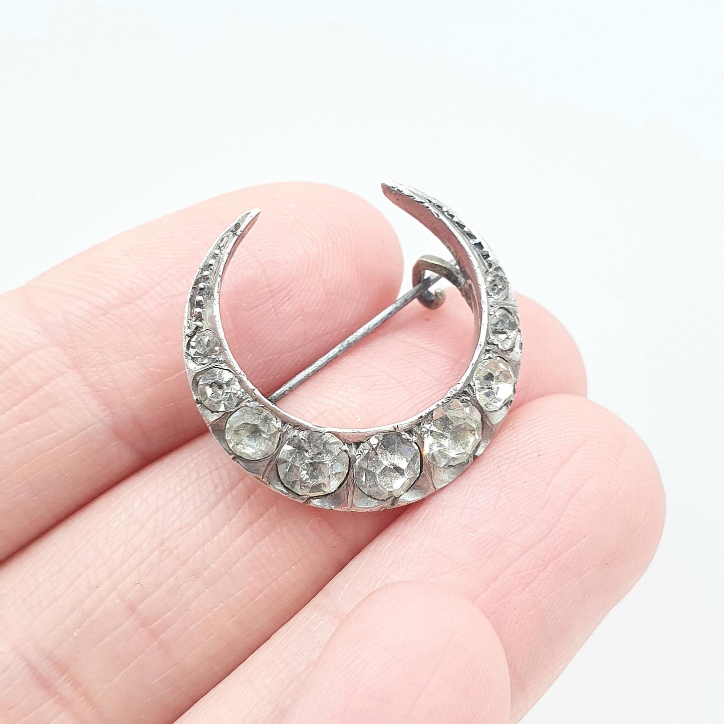 Antique Victorian Solid Silver Crescent Moon Diamond Paste Brooch Celestial Night Sky Womens Jewelry Jewellery Unisex Mens