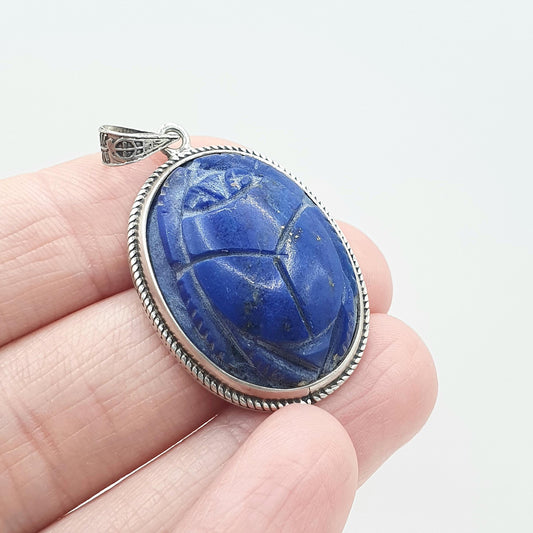 Old Vintage Solid Silver Lapis Lazuli Scarab Beetle Cameo Pendant Egyptian Egypt Genuine Gemstone Mens Womens Jewelry Jewellery