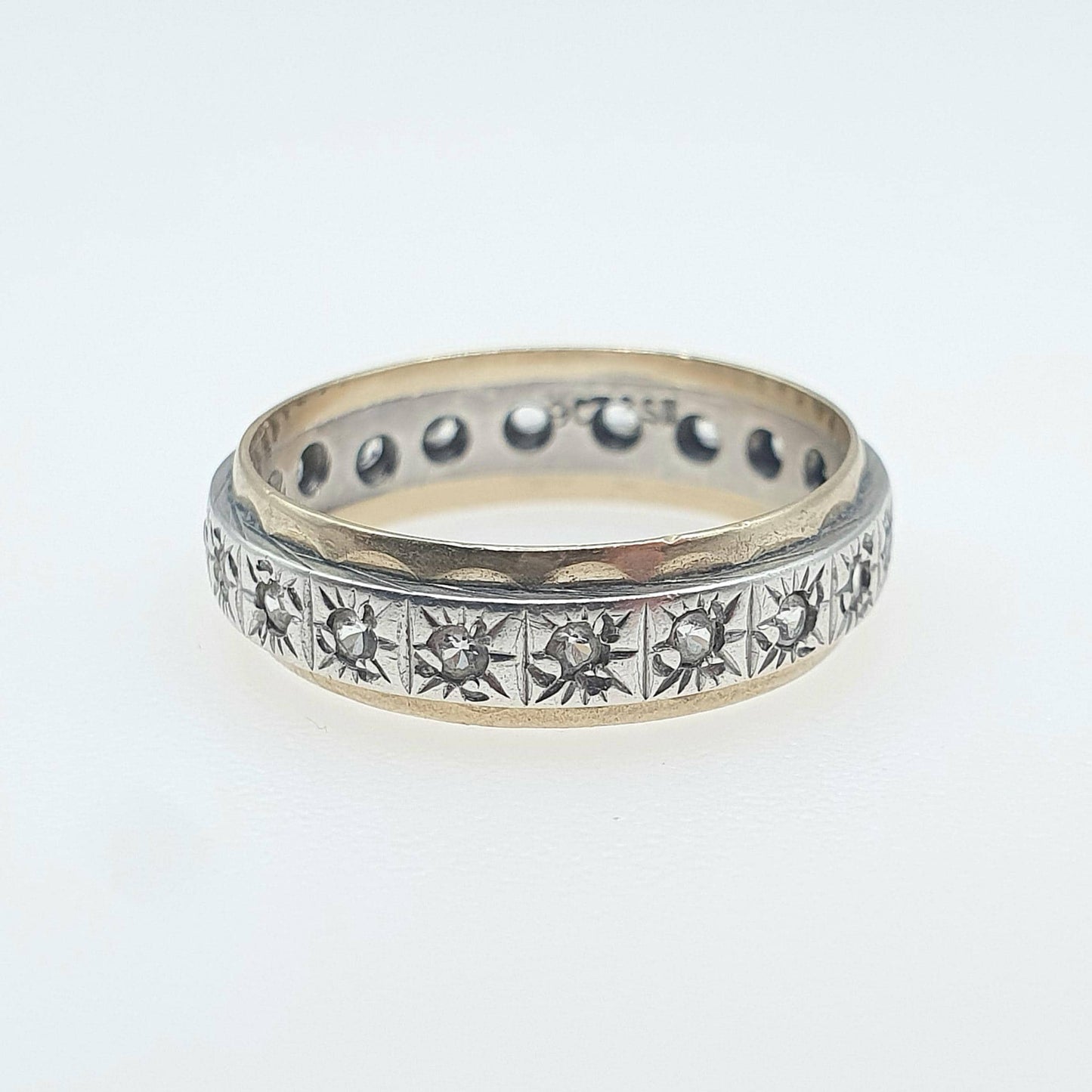 Antique 9ct Gold & Solid Silver Eternity Ring White Spinel Full Band Infinity Genuine Gemstone Womens Unisex Jewelry Jewellery