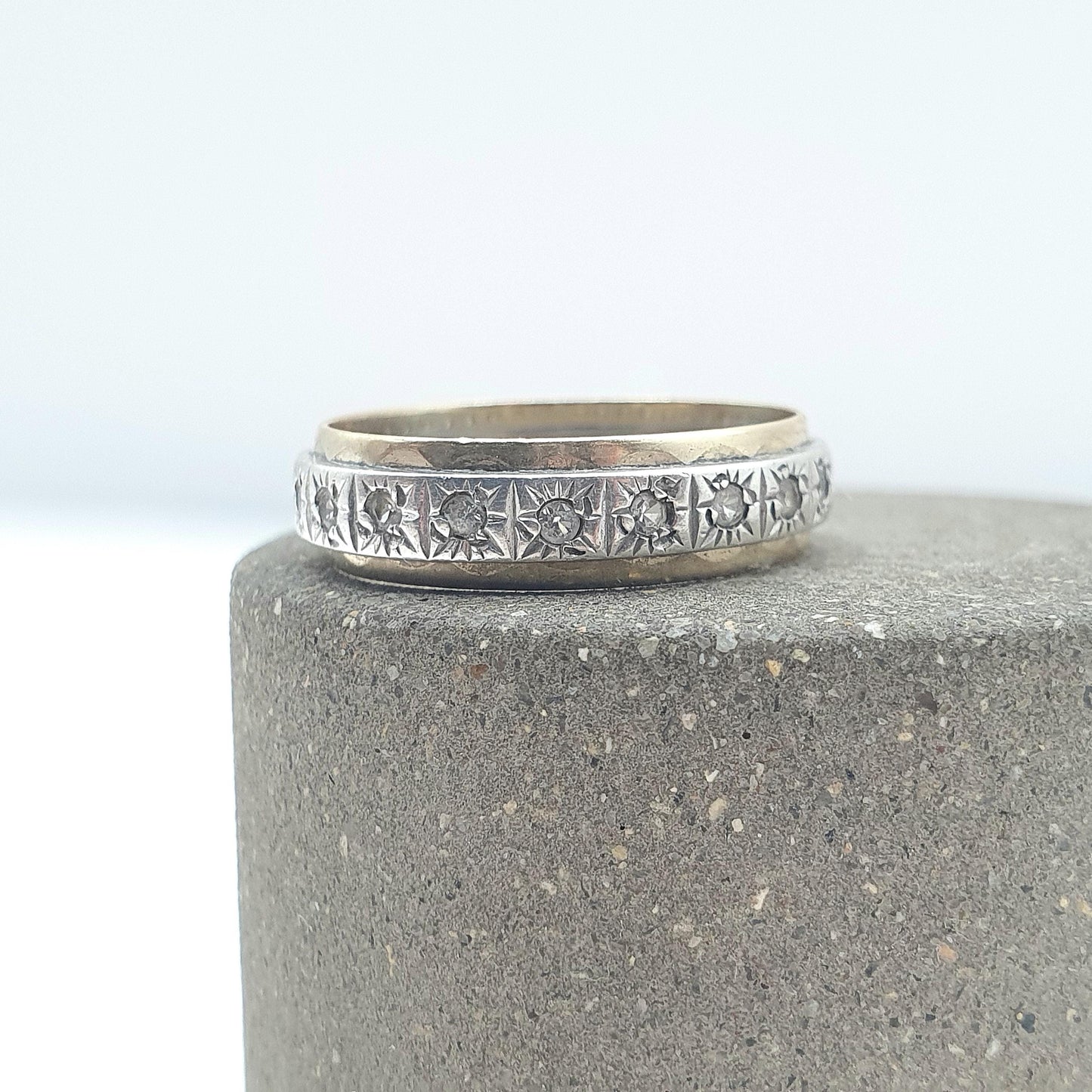 Antique 9ct Gold & Solid Silver Eternity Ring White Spinel Full Band Infinity Genuine Gemstone Womens Unisex Jewelry Jewellery