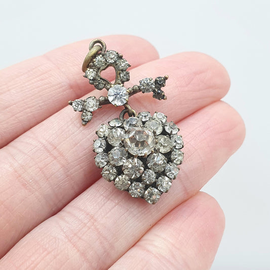 Antique Victorian Diamond Paste Heart and Bow Pendant Necklace Puffer Sparkly Vintage Womens Jewellery Jewelry