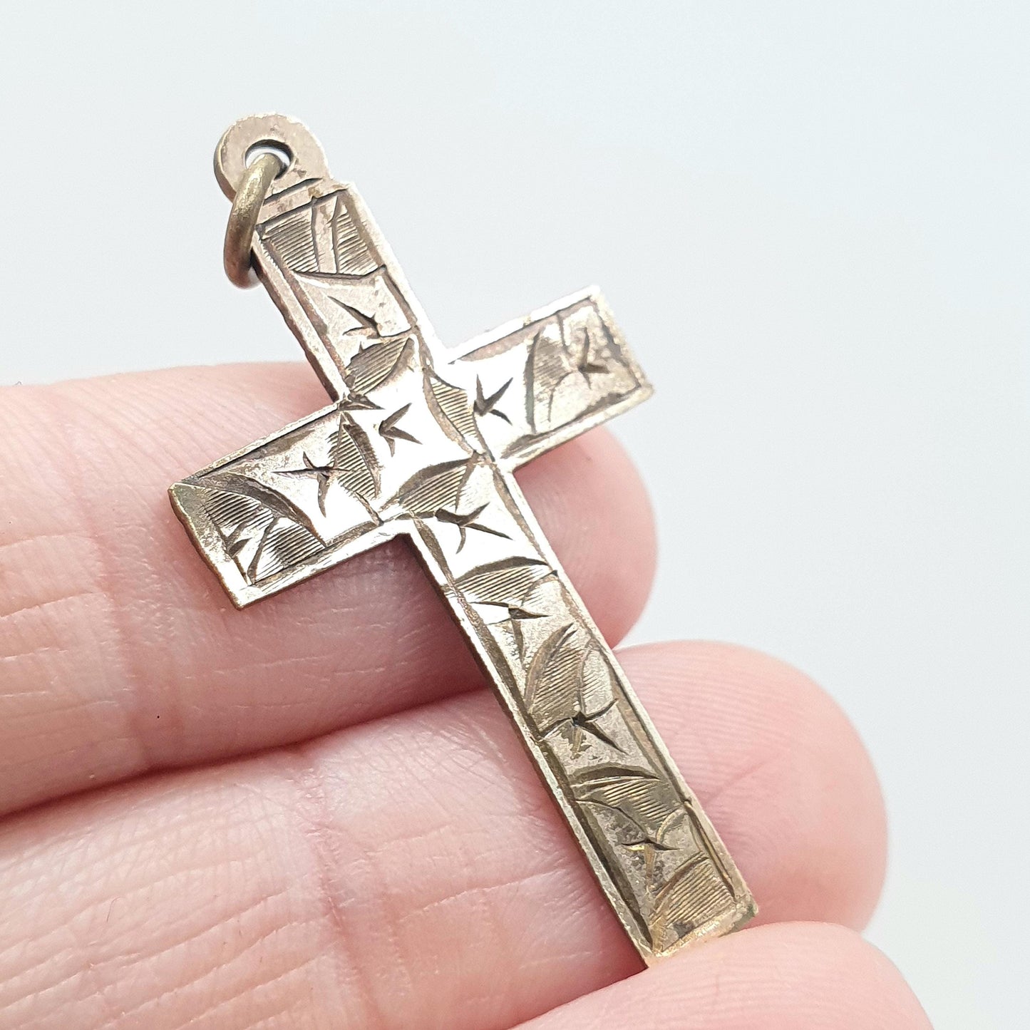 Antique Rolled Gold Crucifix Pendant Hand Engraved Leaf Pattern Gold Filled Front Necklace Victorian Catholic Christian Jewelry Jewellery