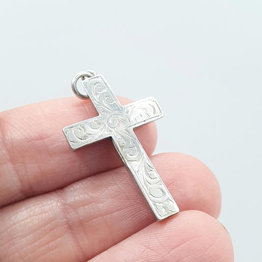 Antique Sterling Silver Crucifix Cross Pendant Necklace Scroll Engraved Catholic Christian Religious Jewellery Jewelry Vintage Womens Mens