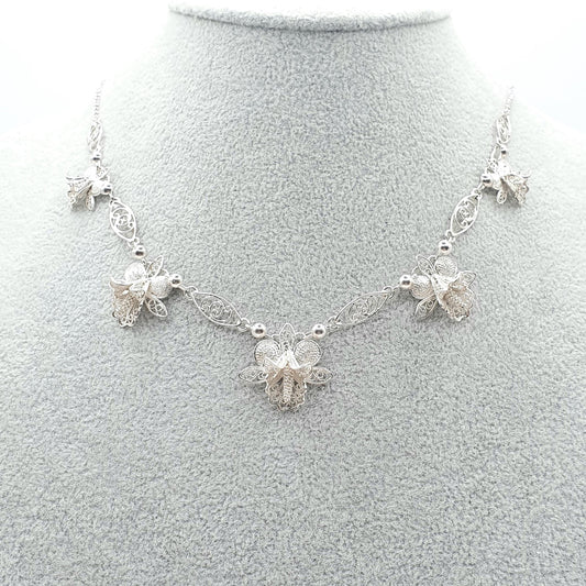 Antique Solid Silver Filigree Flower Necklace Handmade Floral Original Clasp Womens Ladies Jewelry Retro Jewellery