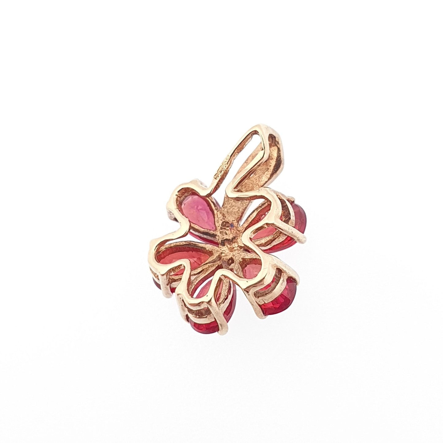 Vintage 9k 9ct Gold Ruby & Diamond Necklace Pendant Flower Shape Solid 375 Womens Jewelry Retro Jewellery