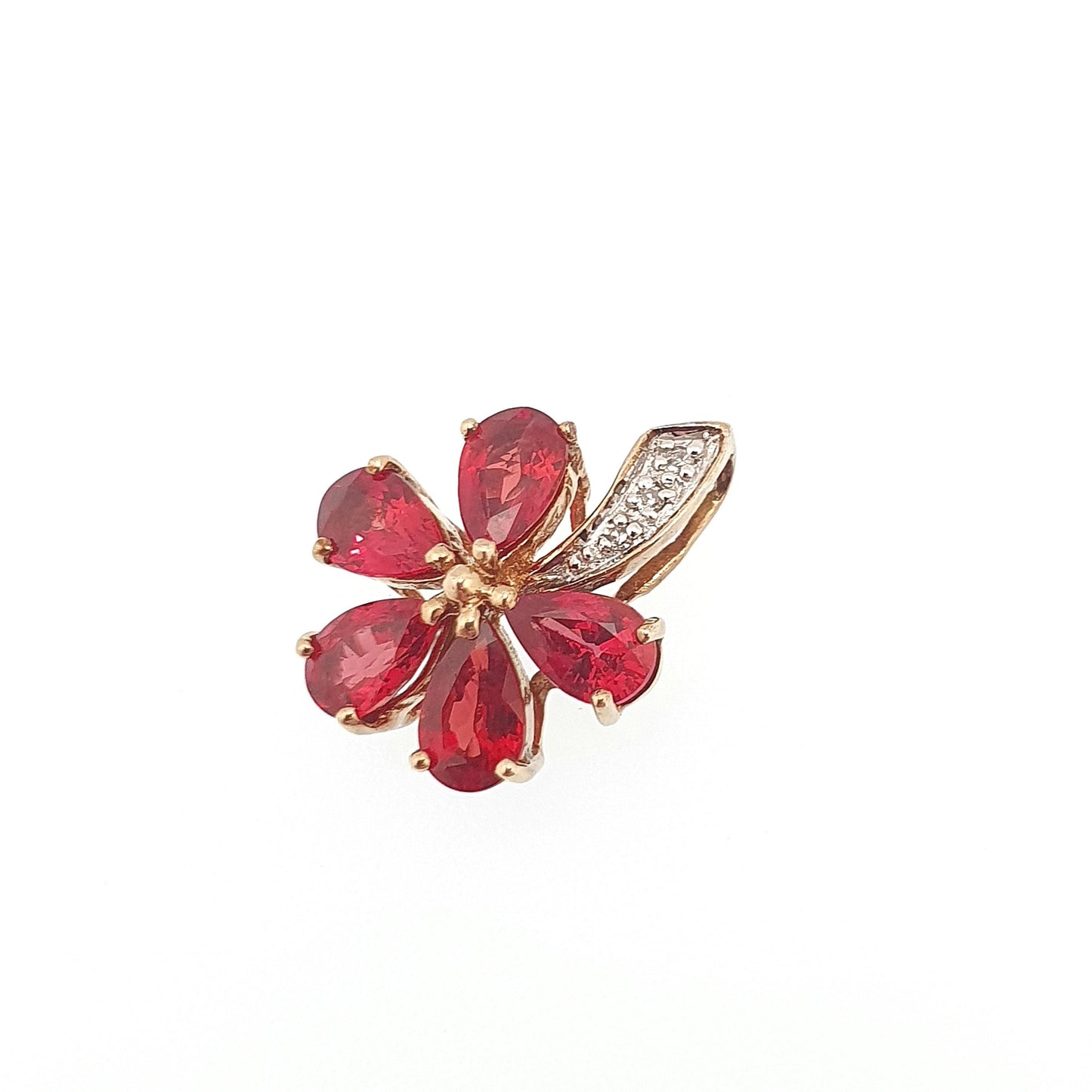 Vintage 9k 9ct Gold Ruby & Diamond Necklace Pendant Flower Shape Solid 375 Womens Jewelry Retro Jewellery