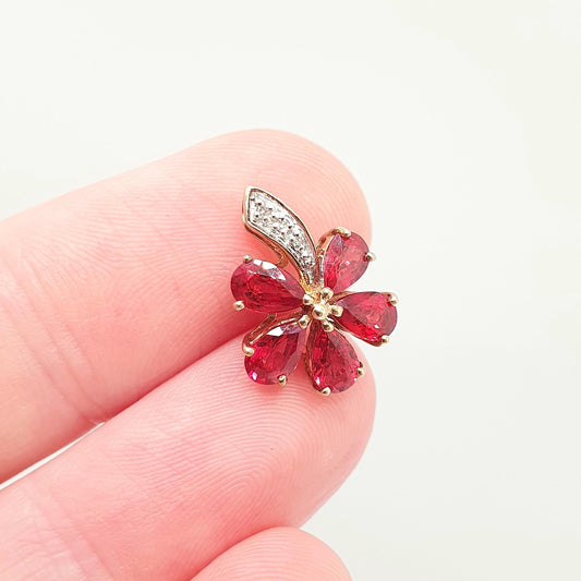 Vintage 9k 9ct Gold Ruby & Diamond Necklace Pendant Flower Shape Solid 375 Womens Jewelry Retro Jewellery