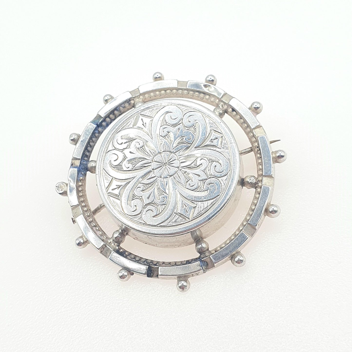Antique Victorian Solid Silver Brooch Etruscan Wheel Shape Engraved Centre Womens Mens 1800s Vintage Jewelry Jewellery