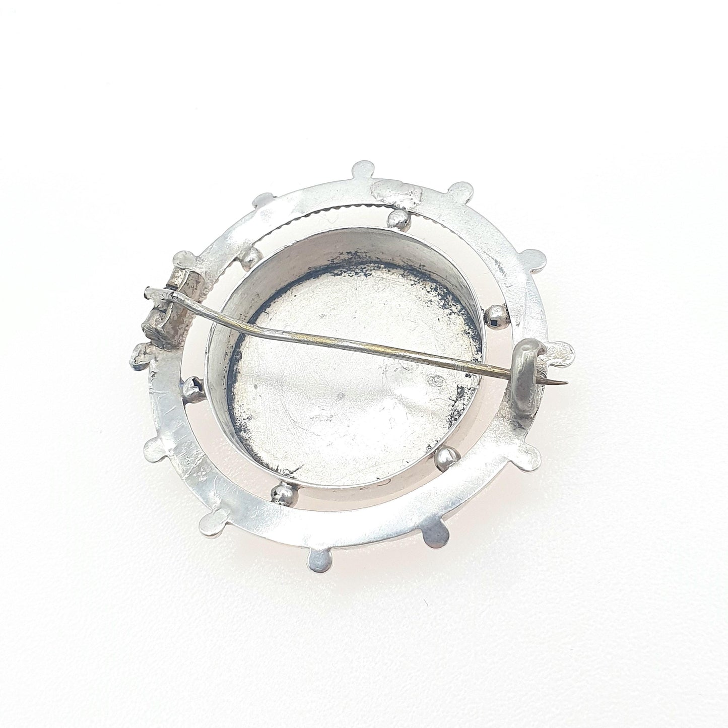 Antique Victorian Solid Silver Brooch Etruscan Wheel Shape Engraved Centre Womens Mens 1800s Vintage Jewelry Jewellery
