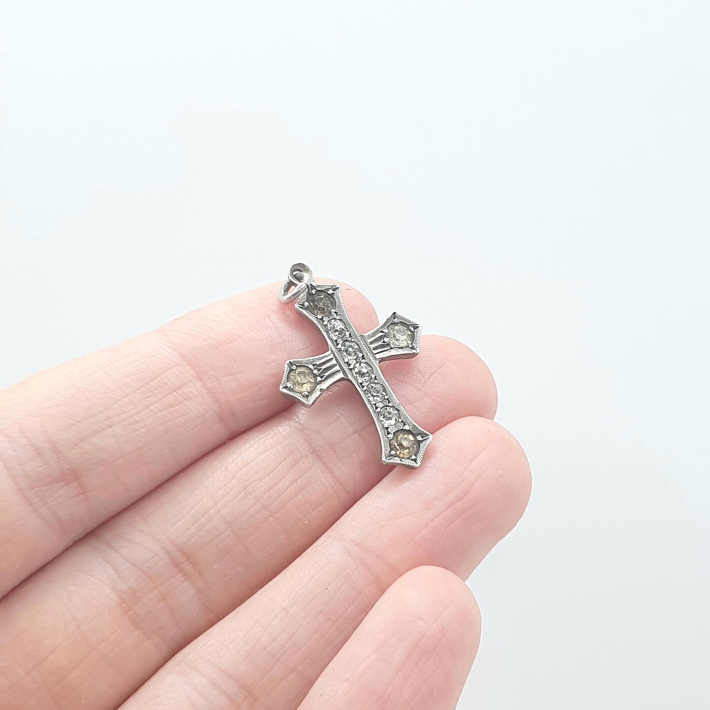 Antique Solid Silver Diamond Paste Crucifix Pendant Charm Cross Necklace Unisex Women Mens Jewelry Jewellery