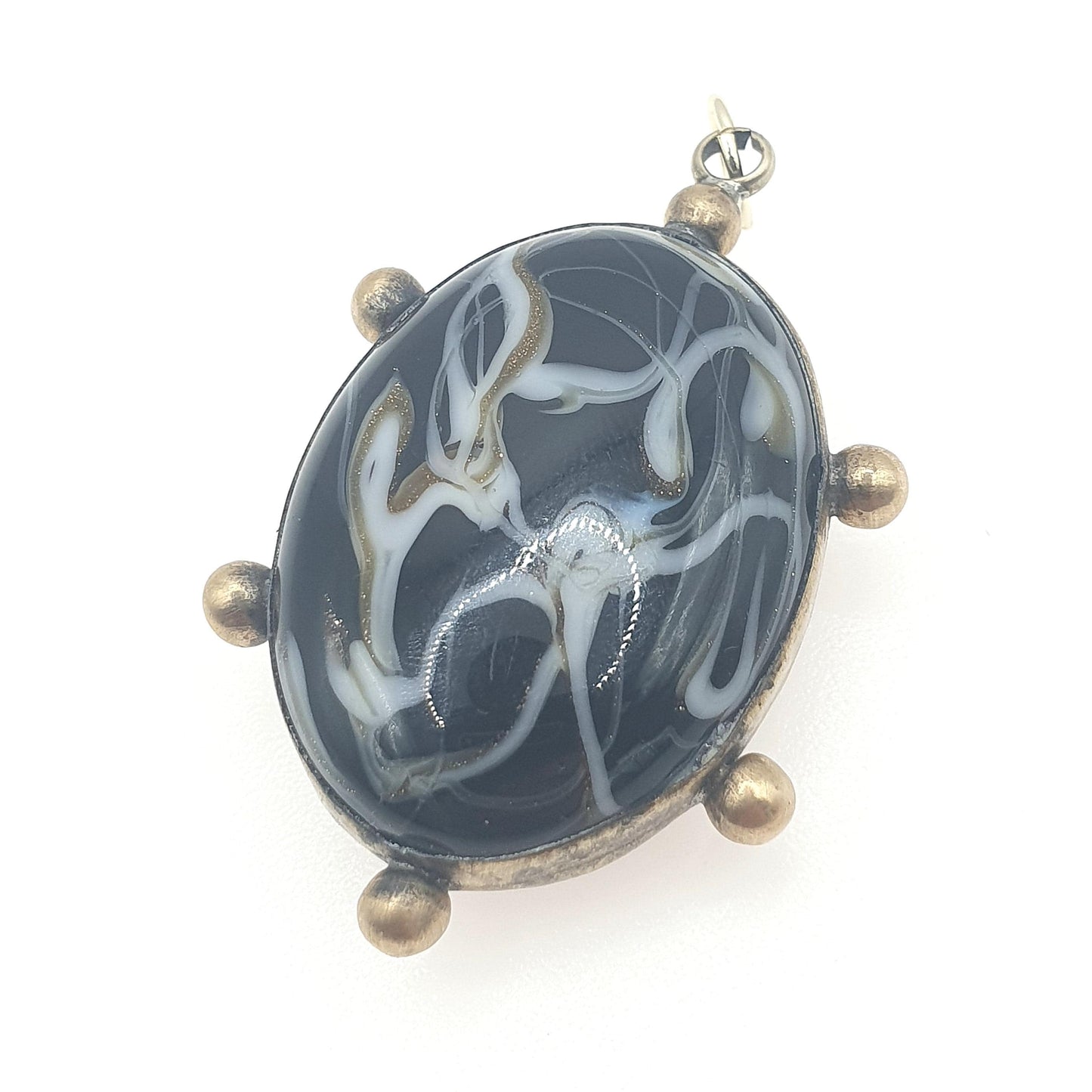 Antique Victorian Murano Glass Pendant Black & White Venetian Gold Tone Base Metal Beaded Border Jewelry Jewellery Mens Unisex Womens