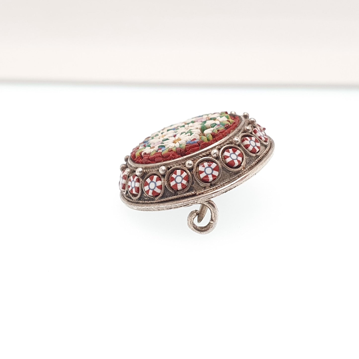 Antique Solid Silver Micro Mosaic Brooch Victorian Micromosaic Tiles Red Flower Millefiori 1800s Vintage Jewelry Jewellery