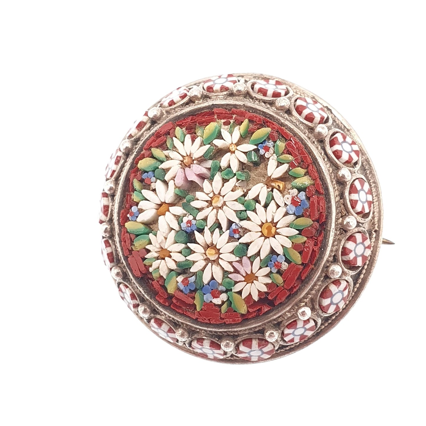 Antique Solid Silver Micro Mosaic Brooch Victorian Micromosaic Tiles Red Flower Millefiori 1800s Vintage Jewelry Jewellery