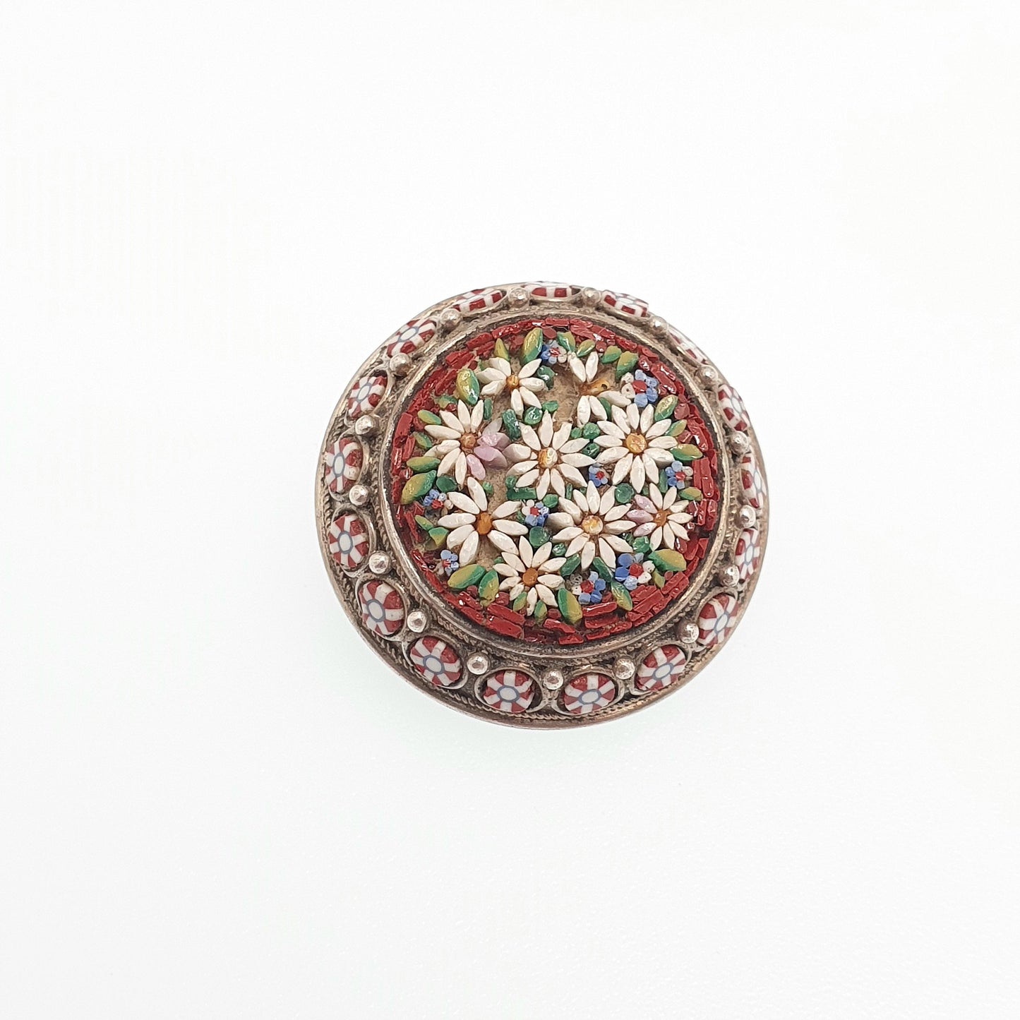 Antique Solid Silver Micro Mosaic Brooch Victorian Micromosaic Tiles Red Flower Millefiori 1800s Vintage Jewelry Jewellery